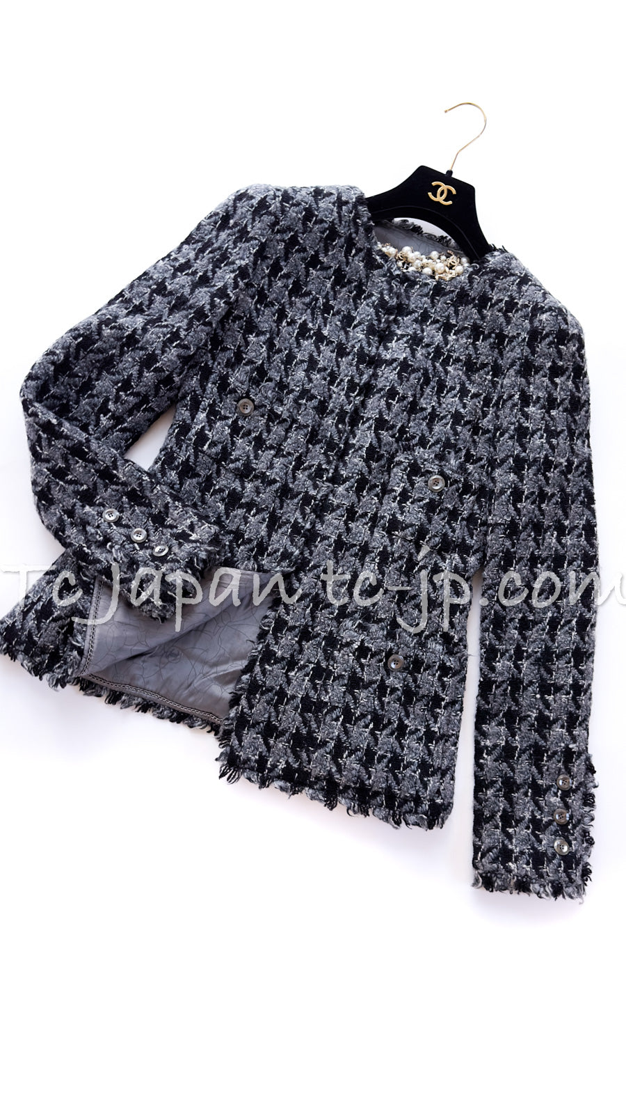 CHANEL 06A Gray Black Houndstooth Wool Silk Tweed Collarless Jacket 38 40 シャネル グレー ブラック 千鳥格子 ウール シルク ツイード ノーカラー ジャケット 即発