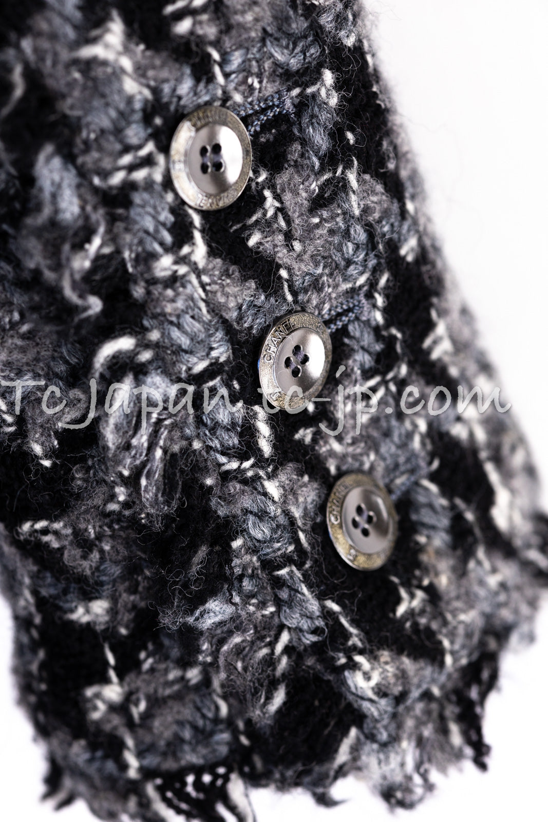 CHANEL 06A Gray Black Houndstooth Wool Silk Tweed Collarless Jacket 38 40 シャネル グレー ブラック 千鳥格子 ウール シルク ツイード ノーカラー ジャケット 即発