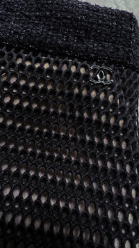 CHANEL 13S Black Stretchable Mesh Jacket With Pearl Button Skirt 40 44 シャネル ブラック ビッグ パール ボタン ストレッチ メッシュ スカート 即発