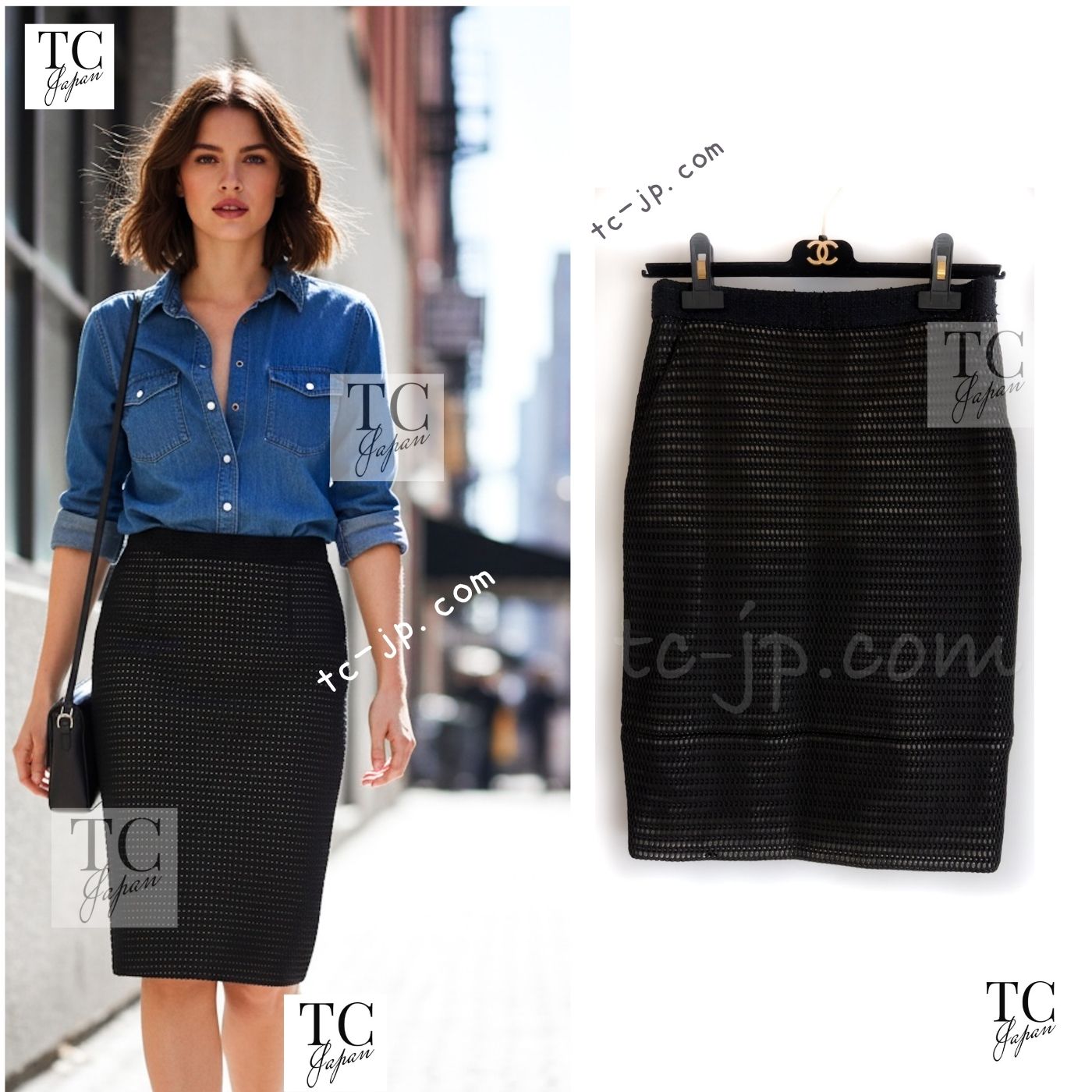 CHANEL 13S Black Stretchable Mesh Jacket With Pearl Button Skirt 40 44 シャネル ブラック ビッグ パール ボタン ストレッチ メッシュ スカート 即発