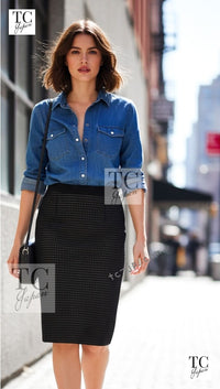 CHANEL 13S Black Stretchable Mesh Jacket With Pearl Button Skirt 40 44 シャネル ブラック ビッグ パール ボタン ストレッチ メッシュ スカート 即発