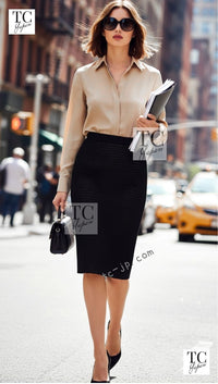 CHANEL 13S Black Stretchable Mesh Jacket With Pearl Button Skirt 40 44 シャネル ブラック ビッグ パール ボタン ストレッチ メッシュ スカート 即発