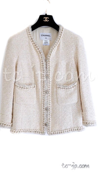 CHANEL 11A Ivory Wool Gold Chain Trim Jacket 36 シャネル アイボリー ウール ゴールドチェーン トリム ココボタン ジャケット 即発