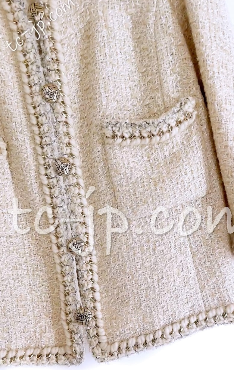 CHANEL 11A Ivory Wool Gold Chain Trim Jacket 36 シャネル アイボリー ウール ゴールドチェーン トリム ココボタン ジャケット 即発