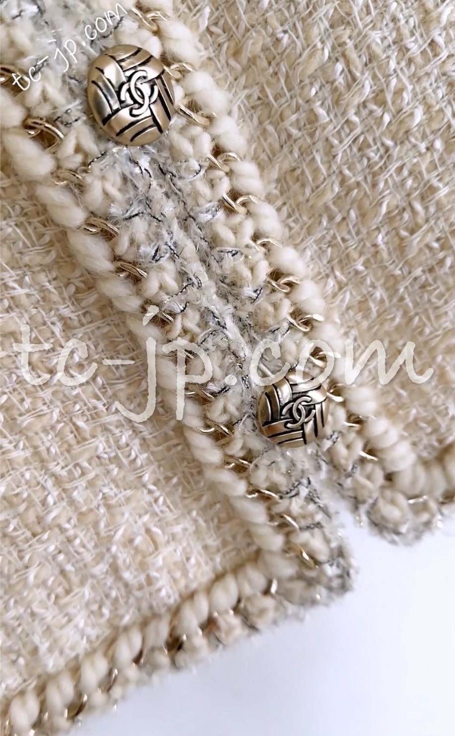 CHANEL 11A Ivory Wool Gold Chain Trim Jacket 36 シャネル アイボリー ウール ゴールドチェーン トリム ココボタン ジャケット 即発