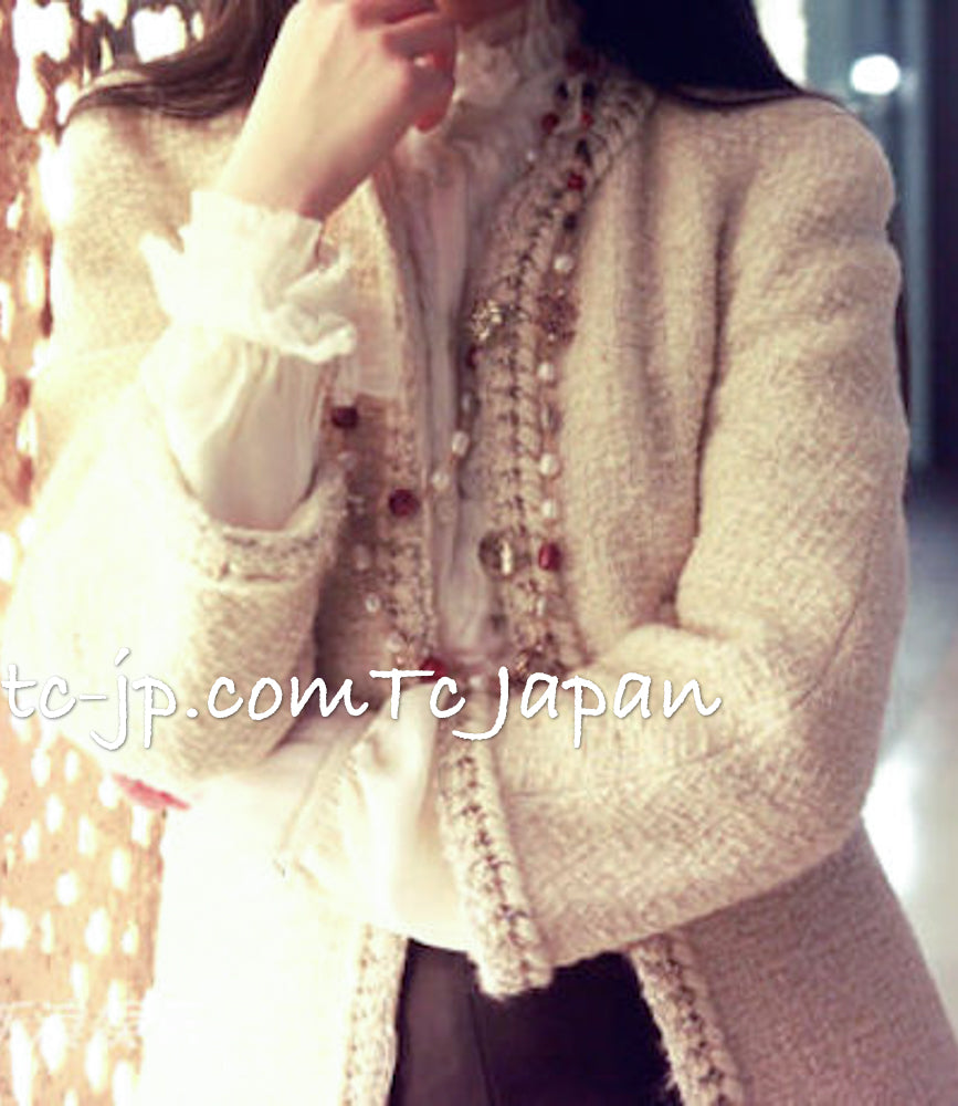 CHANEL Dress 11A Ivory Gold Chain Trim Wool Tweed 38
