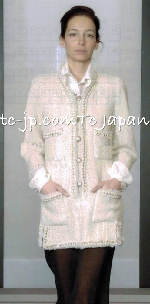 CHANEL Dress 11A Ivory Gold Chain Trim Wool Tweed 38 シャネル ワンピース アイボリー ゴールド チェーン トリム ウール ツイード