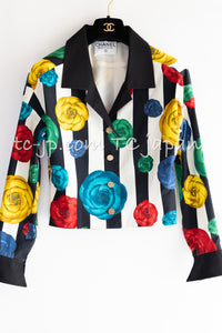 CHANEL 88S Vintage Black Bold Striped Camellia Print Cotton Runway Shirt Jacket 36 38 シャネル ヴィンテージ ブラック カラフル ストライプ カメリア コットン ランウェイ シャツ ジャケット 即発