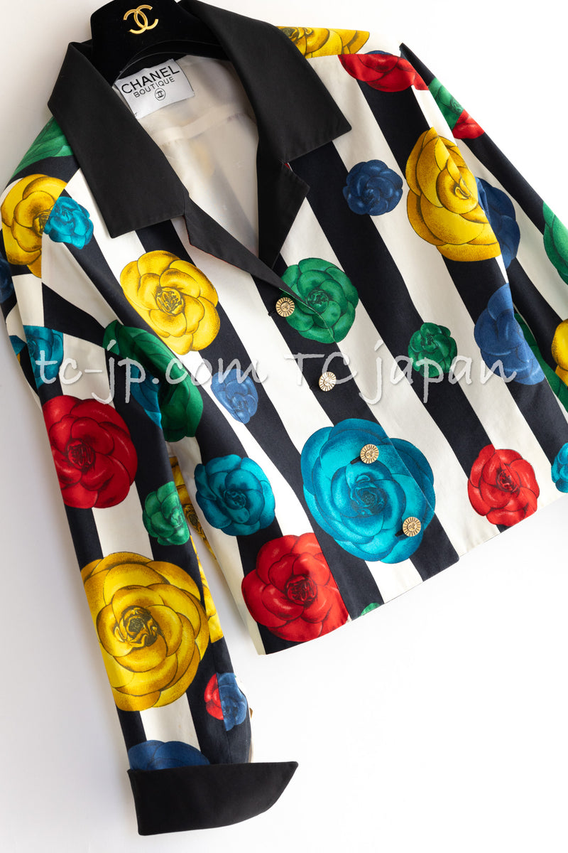 CHANEL 88S Vintage Black Bold Striped Camellia Print Cotton Runway Shirt Jacket 36 38 シャネル ヴィンテージ ブラック カラフル ストライプ カメリア コットン ランウェイ シャツ ジャケット 即発