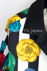 CHANEL 88S Vintage Black Bold Striped Camellia Print Cotton Runway Shirt Jacket 36 38 シャネル ヴィンテージ ブラック カラフル ストライプ カメリア コットン ランウェイ シャツ ジャケット 即発