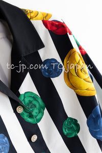 CHANEL 88S Vintage Black Bold Striped Camellia Print Cotton Runway Shirt Jacket 36 38 シャネル ヴィンテージ ブラック カラフル ストライプ カメリア コットン ランウェイ シャツ ジャケット 即発