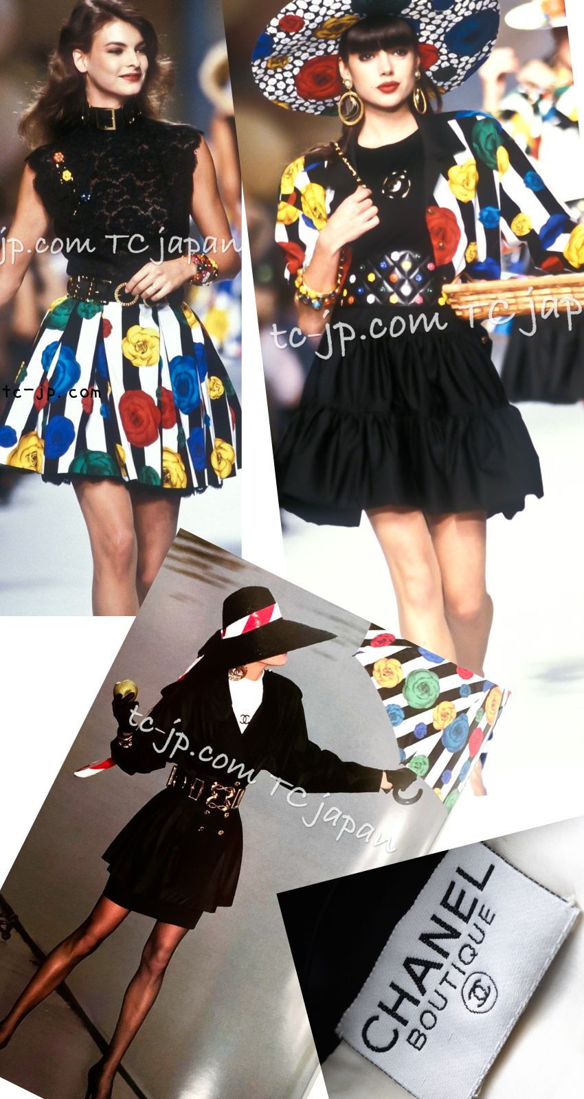 CHANEL 88S Vintage Black Bold Striped Camellia Print Cotton Runway Shirt Jacket 36 38 シャネル ヴィンテージ ブラック カラフル ストライプ カメリア コットン ランウェイ シャツ ジャケット 即発