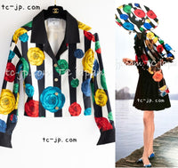 CHANEL 88S Vintage Black Bold Striped Camellia Print Cotton Runway Shirt Jacket 36 38 シャネル ヴィンテージ ブラック カラフル ストライプ カメリア コットン ランウェイ シャツ ジャケット 即発