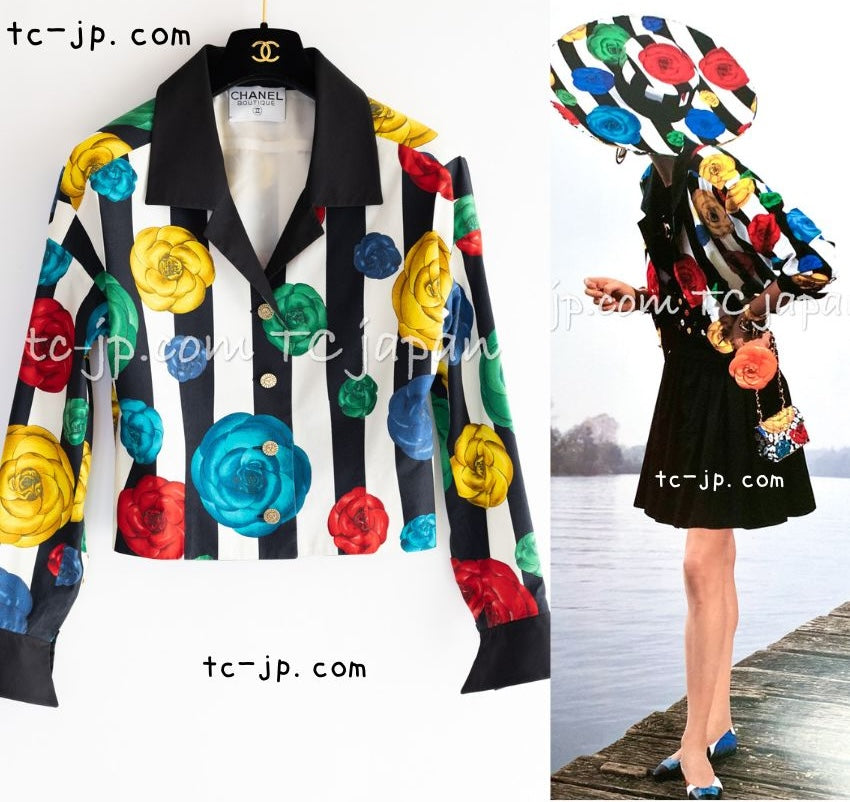 CHANEL 88S Vintage Black Bold Striped Camellia Print Cotton Runway Shirt Jacket 36 38 シャネル ヴィンテージ ブラック カラフル ストライプ カメリア コットン ランウェイ シャツ ジャケット 即発