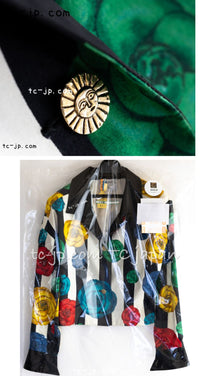 CHANEL 88S Vintage Black Bold Striped Camellia Print Cotton Runway Shirt Jacket 36 38 シャネル ヴィンテージ ブラック カラフル ストライプ カメリア コットン ランウェイ シャツ ジャケット 即発
