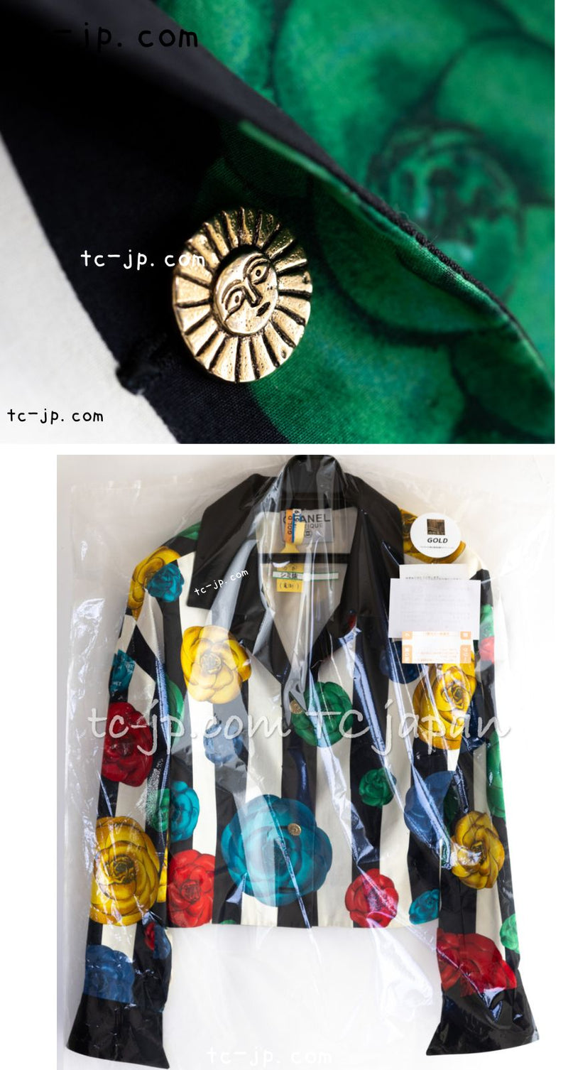 CHANEL 88S Vintage Black Bold Striped Camellia Print Cotton Runway Shirt Jacket 36 38 シャネル ヴィンテージ ブラック カラフル ストライプ カメリア コットン ランウェイ シャツ ジャケット 即発