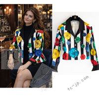 CHANEL 88S Vintage Black Bold Striped Camellia Print Cotton Runway Shirt Jacket 36 38 シャネル ヴィンテージ ブラック カラフル ストライプ カメリア コットン ランウェイ シャツ ジャケット 即発