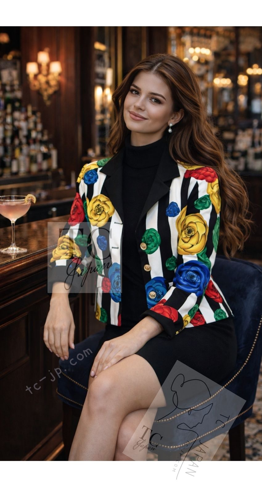 CHANEL 88S Vintage Black Bold Striped Camellia Print Cotton Runway Shirt Jacket 36 38 シャネル ヴィンテージ ブラック カラフル ストライプ カメリア コットン ランウェイ シャツ ジャケット 即発 - TC JAPAN