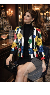 CHANEL 88S Vintage Black Bold Striped Camellia Print Cotton Runway Shirt Jacket 36 38 シャネル ヴィンテージ ブラック カラフル ストライプ カメリア コットン ランウェイ シャツ ジャケット 即発 - TC JAPAN