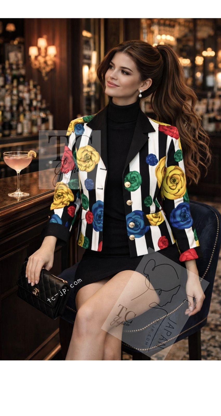 CHANEL 88S Vintage Black Bold Striped Camellia Print Cotton Runway Shirt Jacket 36 38 シャネル ヴィンテージ ブラック カラフル ストライプ カメリア コットン ランウェイ シャツ ジャケット 即発 - TC JAPAN