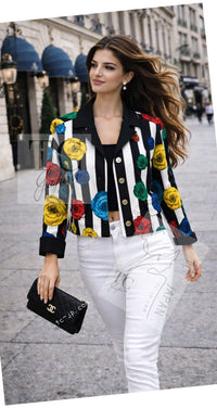 CHANEL 88S Vintage Black Bold Striped Camellia Print Cotton Runway Shirt Jacket 36 38 シャネル ヴィンテージ ブラック カラフル ストライプ カメリア コットン ランウェイ シャツ ジャケット 即発 - TC JAPAN