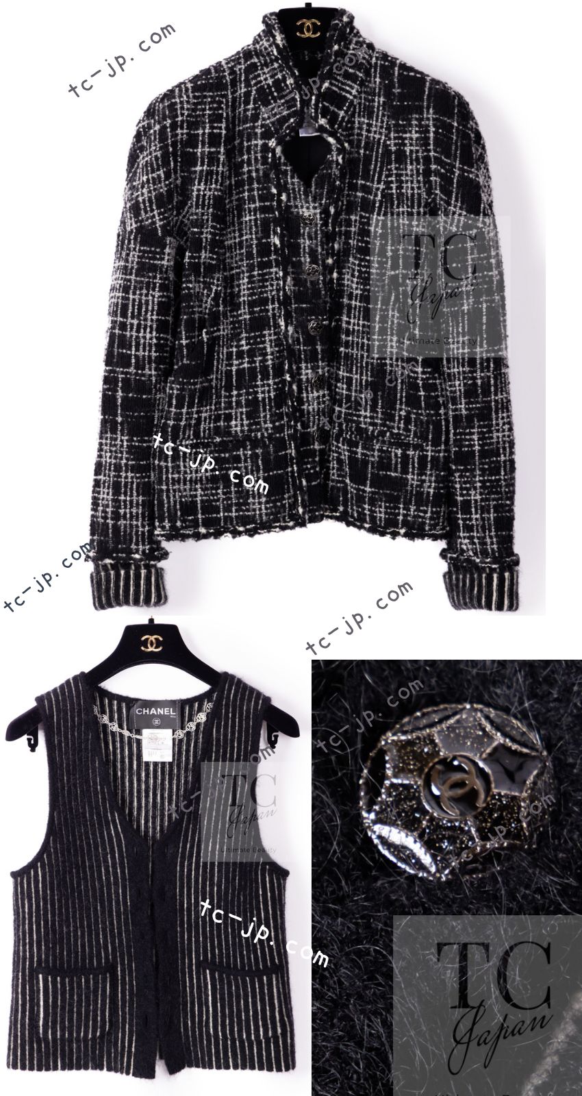 CHANEL 10A Black Ivory Wool Silk Tweed Jacket with Vest 38 シャネル ブラック アイボリー ウール シルク ツイード ジャケット ベスト付き 即発