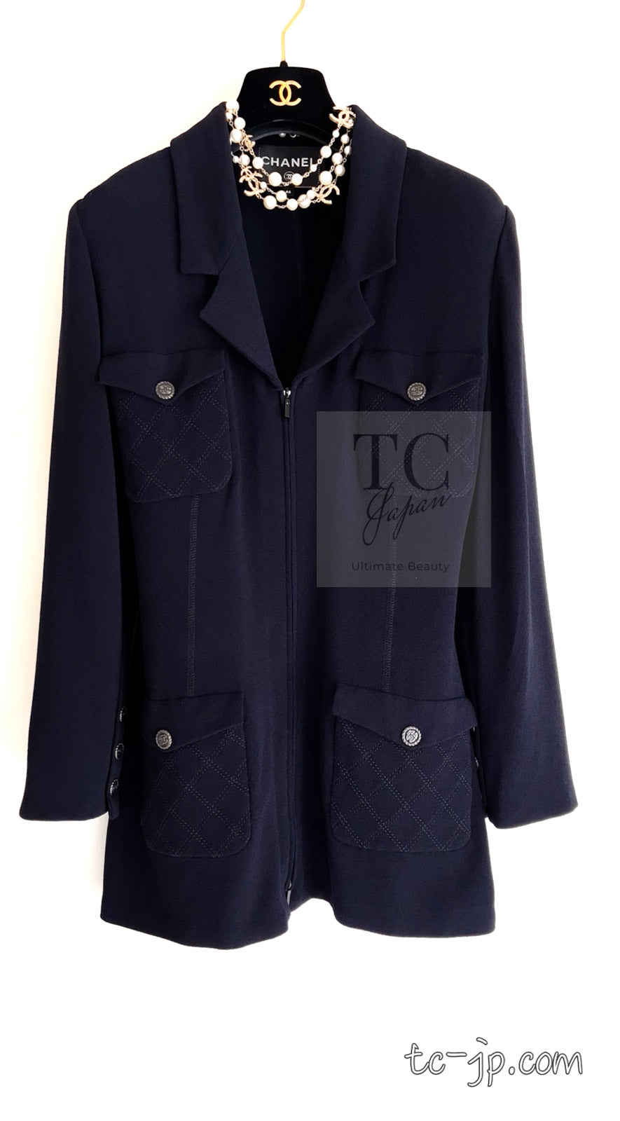 CHANEL 19S Navy Front Zipper Stitched Cardigan Jacket 38 40 44 シャネル ネイビー フロント ジッパー カーディガン ジャケット 即発