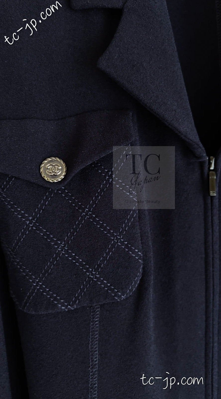 CHANEL 19S Navy Front Zipper Stitched Cardigan Jacket 38 40 44 シャネル ネイビー フロント ジッパー カーディガン ジャケット 即発