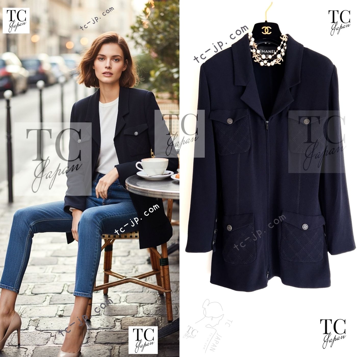 CHANEL 19S Navy Front Zipper Stitched Cardigan Jacket 38 40 44 シャネル ネイビー フロント ジッパー カーディガン ジャケット 即発