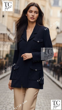 CHANEL 19S Navy Front Zipper Stitched Cardigan Jacket 38 40 44 シャネル ネイビー フロント ジッパー カーディガン ジャケット 即発