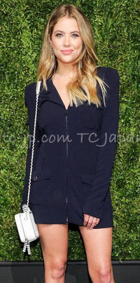 CHANEL 19S Navy Front Zipper Stitched Cardigan Jacket 38 40 シャネル ネイビー フロント ジッパー カーディガン ジャケット 即発