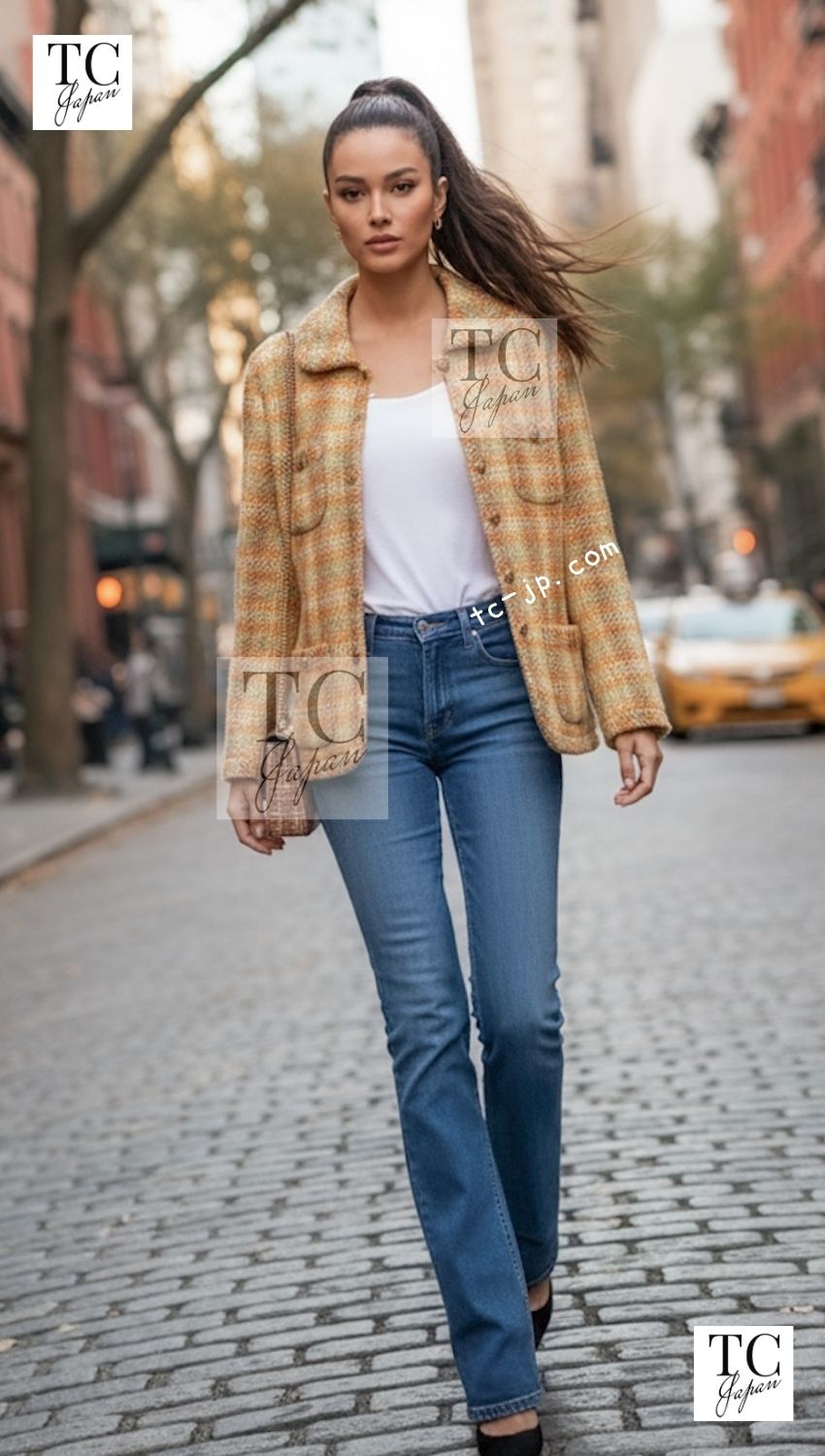 CHANEL 89A Vintage Orange Yellow Wool Tweed Jacket Coat 38 40 42 シャネル ヴィンテージ オレンジ イエロー ウール ツイード ジャケット コート 即発