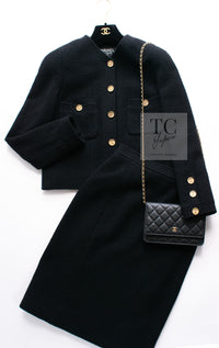 CHANEL 91A Vintage Black Wool CC Gold Button Tweed Jacket Skirt Suit 34 36 シャネル ヴィンテージ ブラック ウール CC ゴールド ボタン ツイード ジャケット スカート スーツ 即発