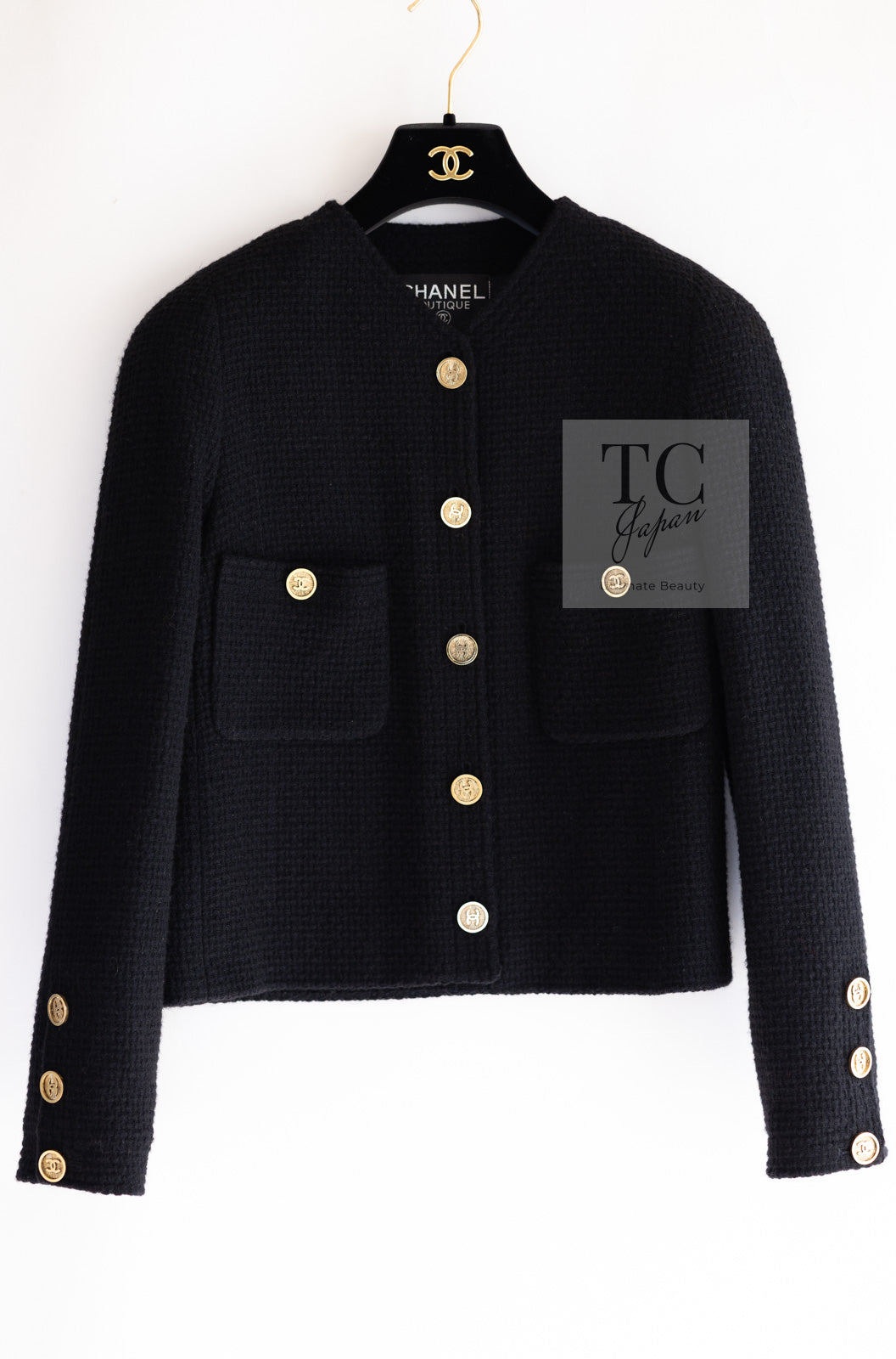 CHANEL 91A Vintage Black Wool CC Gold Button Tweed Jacket Skirt Suit 34 36 シャネル ヴィンテージ ブラック ウール CC ゴールド ボタン ツイード ジャケット スカート スーツ 即発