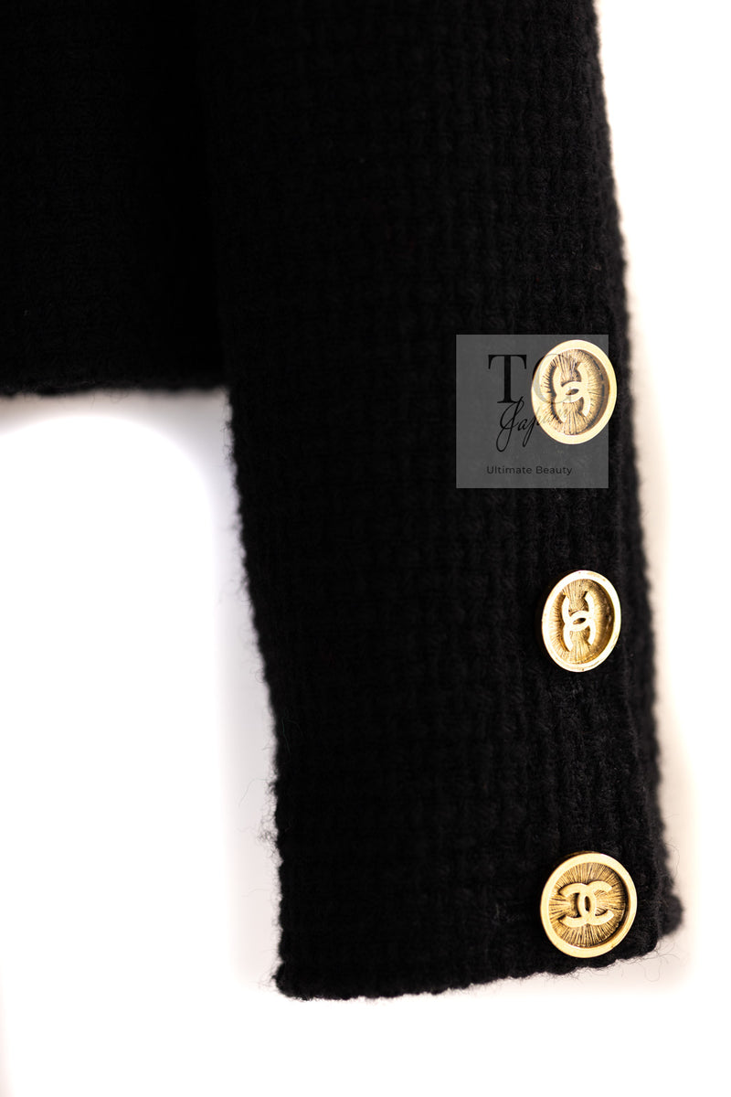 CHANEL 91A Vintage Black Wool CC Gold Button Tweed Jacket Skirt Suit 34 36 シャネル ヴィンテージ ブラック ウール CC ゴールド ボタン ツイード ジャケット スカート スーツ 即発