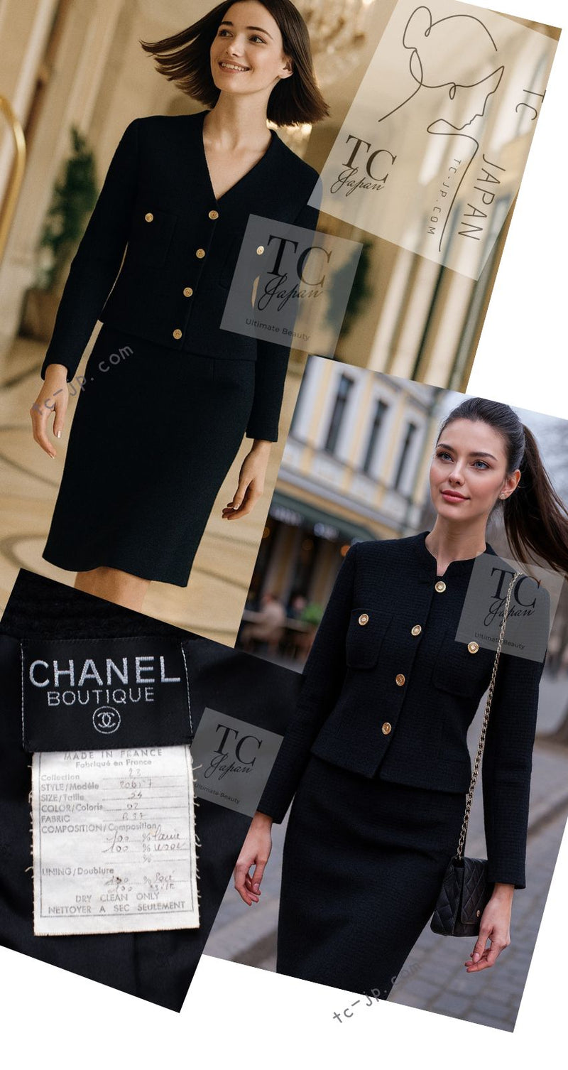 CHANEL 91A Vintage Black Wool CC Gold Button Tweed Jacket Skirt Suit 34 36 シャネル ヴィンテージ ブラック ウール CC ゴールド ボタン ツイード ジャケット スカート スーツ 即発