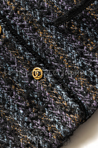 CHANEL 83A Vintage Black Purple Mix Wool Mohair Stand Collar Tweed Jacket Coat 42 44 シャネル ヴィンテージ ブラック パープル ミックス ウール モヘア スタンドカラー ツイード ジャケット コート 即発