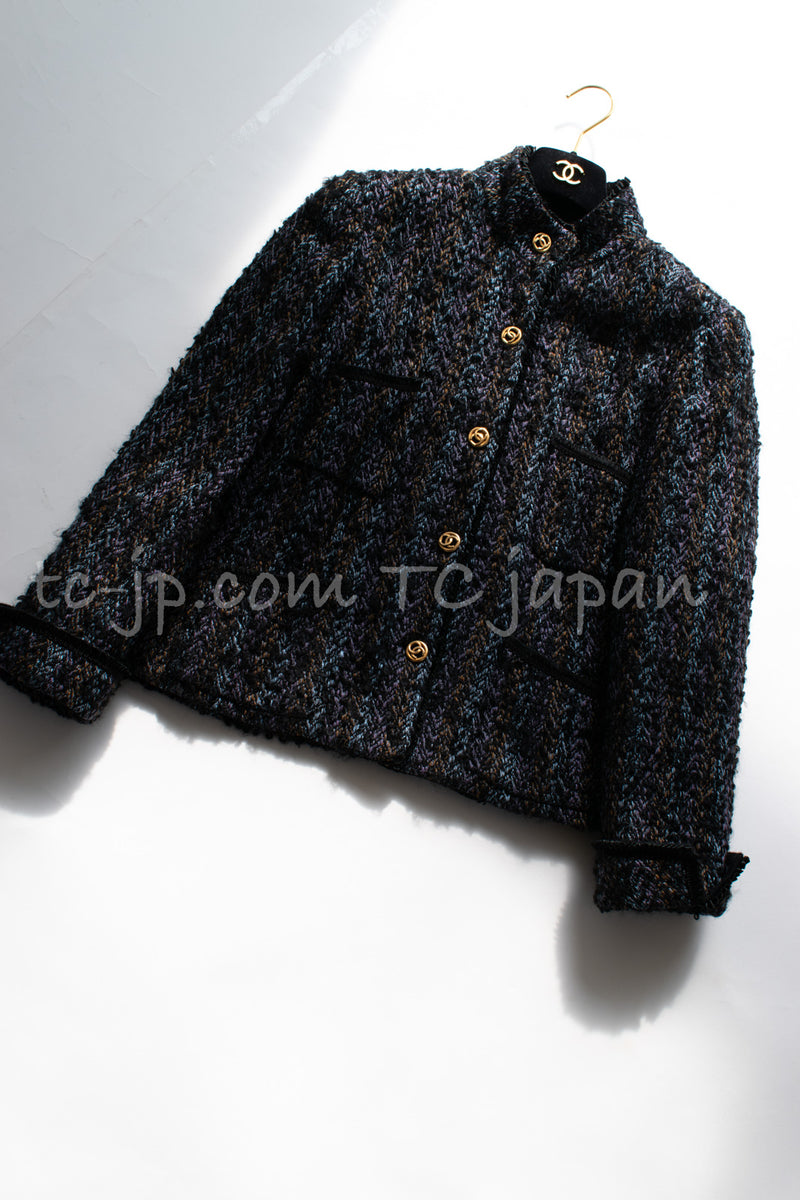 CHANEL 83A Vintage Black Purple Mix Wool Mohair Stand Collar Tweed Jacket Coat 42 44 シャネル ヴィンテージ ブラック パープル ミックス ウール モヘア スタンドカラー ツイード ジャケット コート 即発