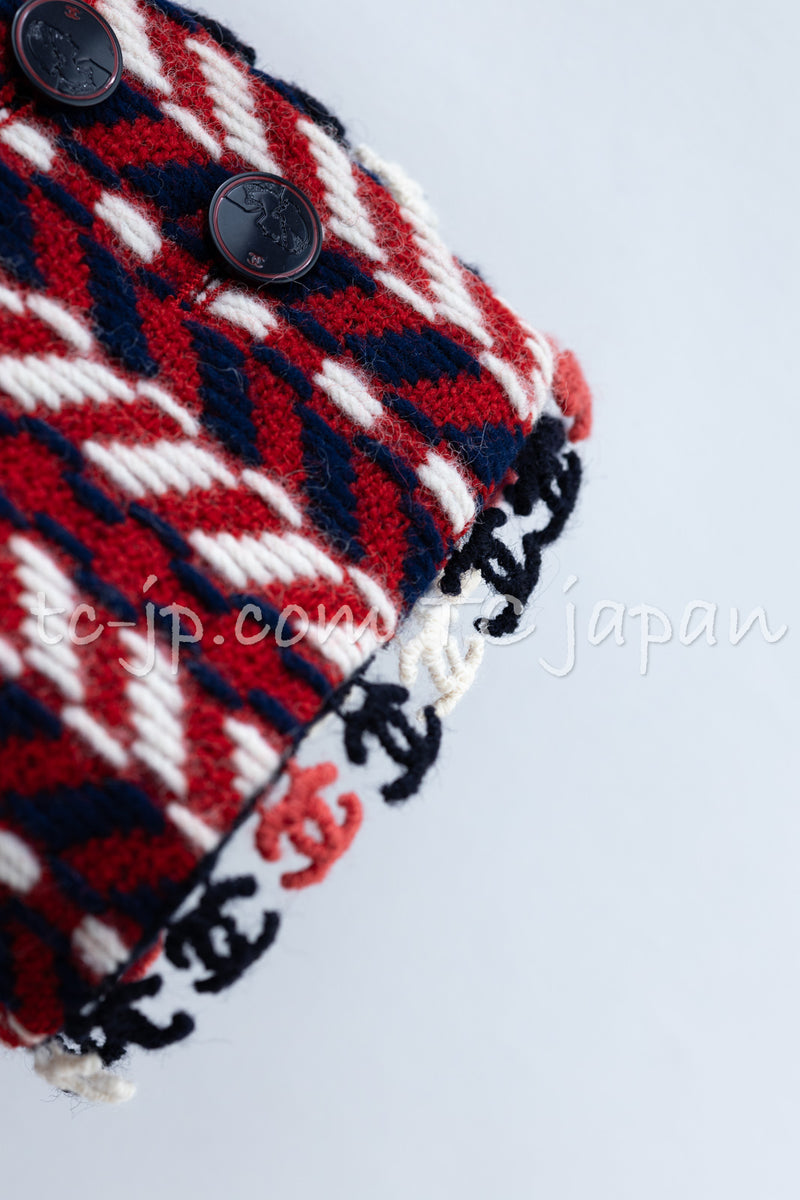 CHANEL 04A Red Tricolore CC Logo Trim Jacket Skirt Suit 34 ② シャネル レッド トリコロール ジャケット スカート スーツ カメリアブローチ付 即発