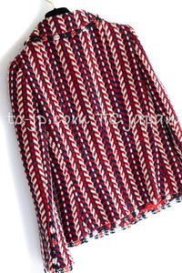 CHANEL 04A Red Navy Tricolore CC Logo Trim Wool Tweed Jacket Skirt Suit 38 ③シャネル レッド ネイビー トリコロール ウール ツイード ジャケット スカート スーツ 即発