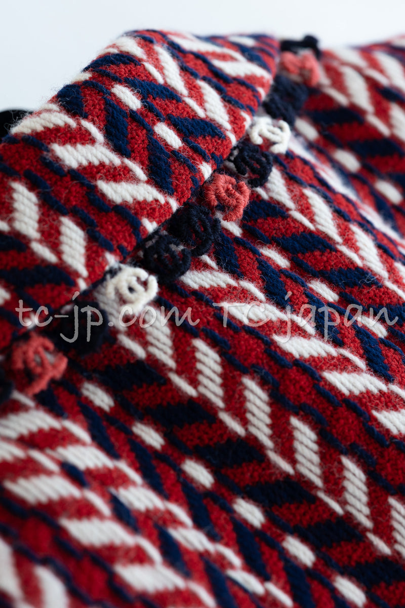 CHANEL 04A Red Navy Tricolore CC Logo Trim Wool Tweed Jacket Skirt Suit 38 ③シャネル レッド ネイビー トリコロール ウール ツイード ジャケット スカート スーツ 即発