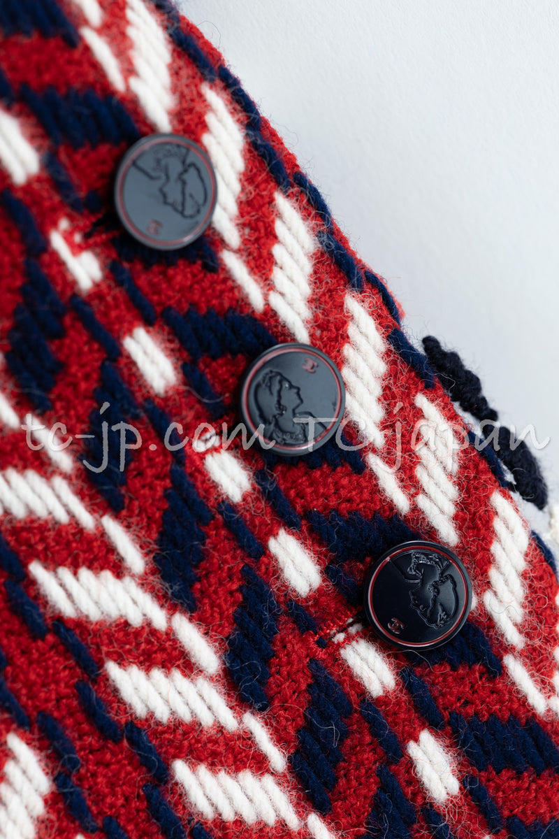 CHANEL 04A Red Tricolore CC Logo Trim Jacket Skirt Suit 34 ② シャネル レッド トリコロール ジャケット スカート スーツ カメリアブローチ付 即発