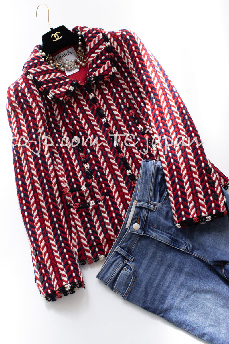 CHANEL 04A Red Navy Tricolore CC Logo Trim Wool Tweed Jacket Skirt Suit 38 ③シャネル レッド ネイビー トリコロール ウール ツイード ジャケット スカート スーツ 即発