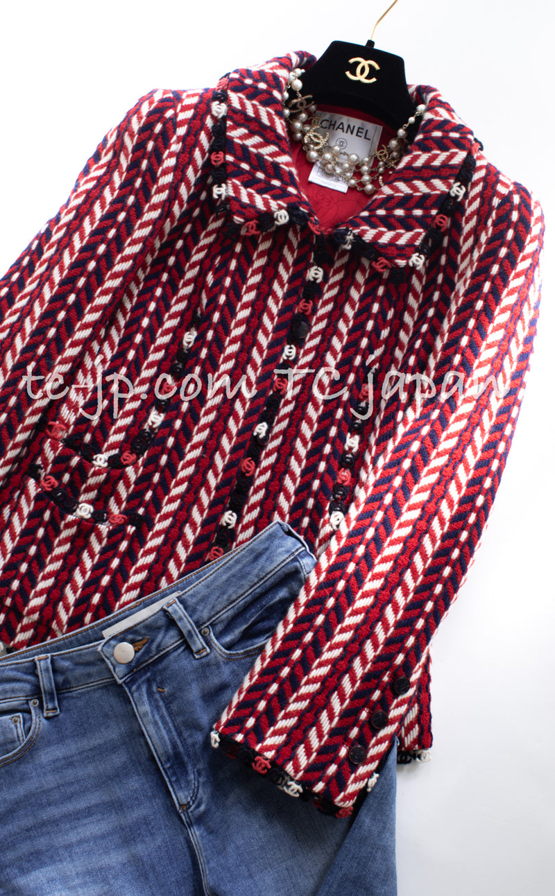CHANEL 04A Red Navy Tricolore CC Logo Trim Wool Tweed Jacket Skirt Suit 38 ③シャネル レッド ネイビー トリコロール ウール ツイード ジャケット スカート スーツ 即発