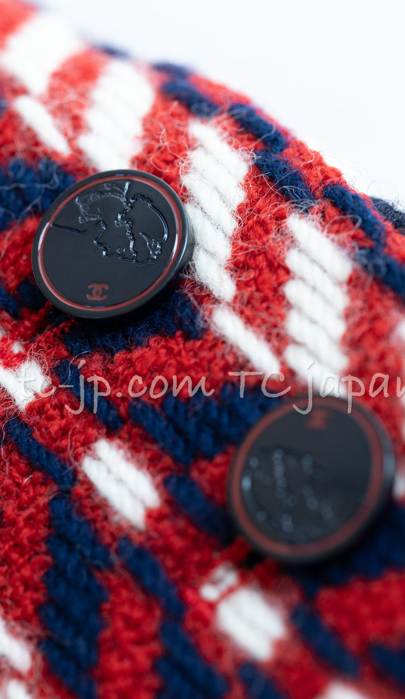 CHANEL 04A Red Navy Tricolore CC Logo Trim Wool Tweed Jacket Skirt Suit 38 ③シャネル レッド ネイビー トリコロール ウール ツイード ジャケット スカート スーツ 即発