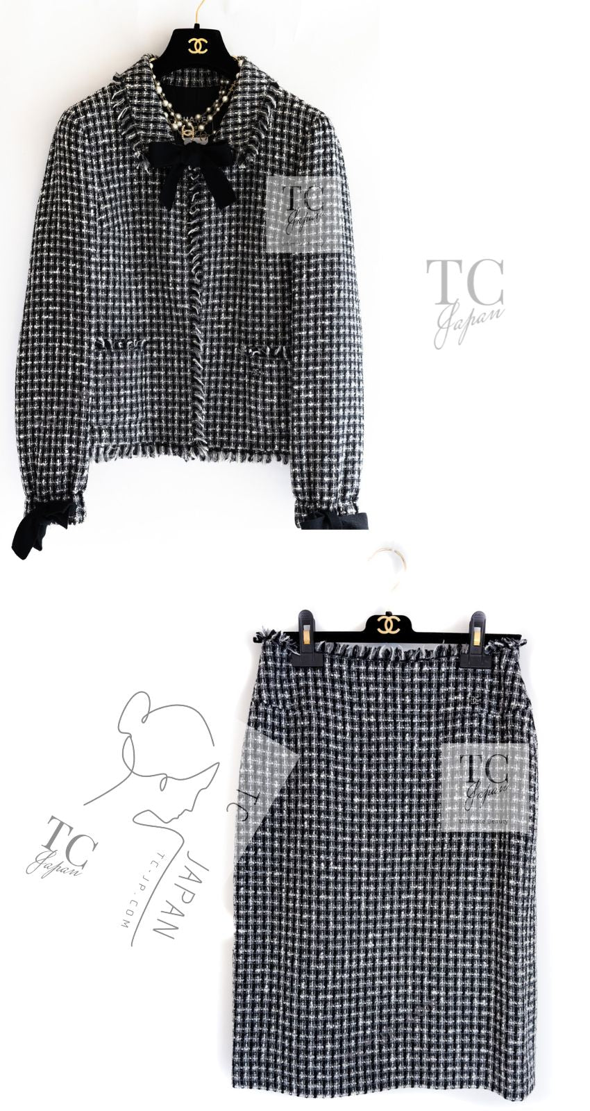 CHANEL 04PF Black Ivory Bow Ribbon Wool Tweed Jacket Skirt Suit 36 シャネル ブラック アイボリー リボン ウール ツイード ジャケット スカート スーツ 即発