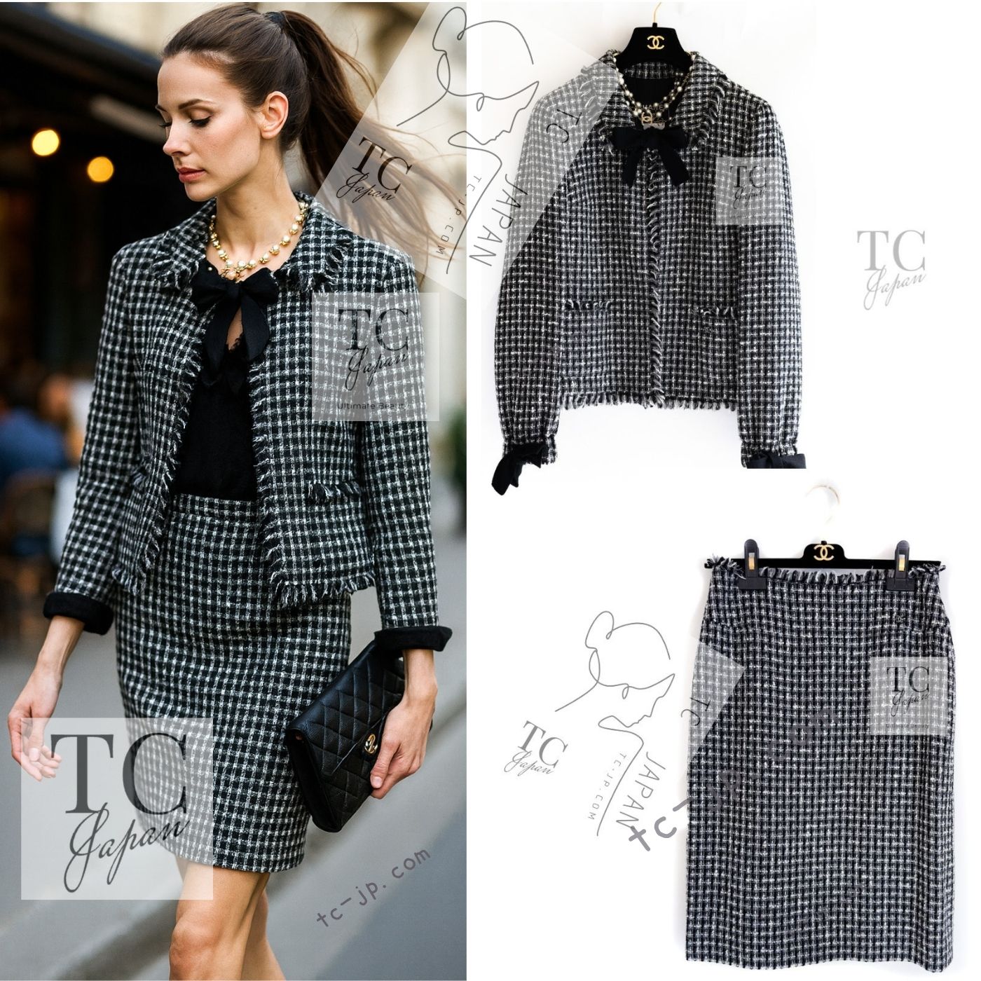CHANEL 04PF Black Ivory Bow Ribbon Wool Tweed Jacket Skirt Suit 36 シャネル ブラック アイボリー リボン ウール ツイード ジャケット スカート スーツ 即発