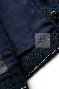 CHANEL 16S Navy Black Leather Trim Cotton Tweed Jacket 34 36 シャネル ネイビー ブラック レザー襟 コットン ツイード ジャケット 即発