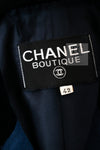 CHANEL 89A Vintage Dark Navy Black Gold Buttons Velvet Trim Jacket Skirt Suit 42 シャネル ヴィンテージ ダークネイビー ブラック ゴールドボタン ベルベット トリム ジャケット スカート スーツ 即発