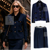 CHANEL 89A Vintage Dark Navy Black Gold Buttons Velvet Trim Jacket Skirt Suit 42 シャネル ヴィンテージ ダークネイビー ブラック ゴールドボタン ベルベット トリム ジャケット スカート スーツ 即発